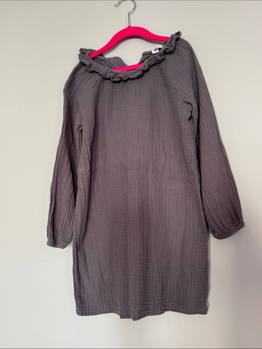Girls' Gray Ruffle-Neck Long Sleeve Dress